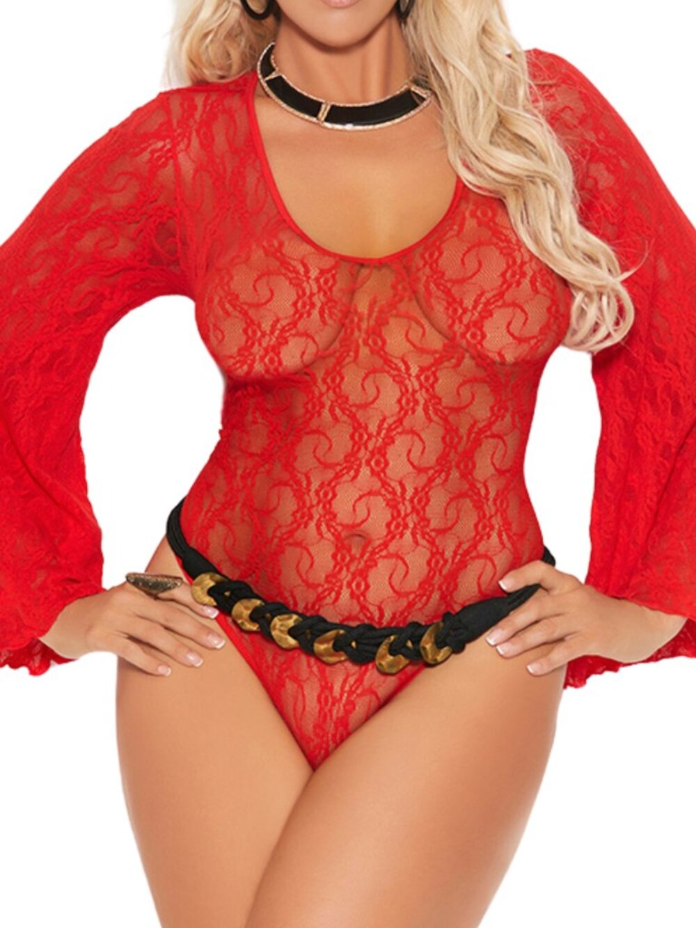 Plus Size Red Lace Teddy Bell Sleeve Deep V Bodysuit